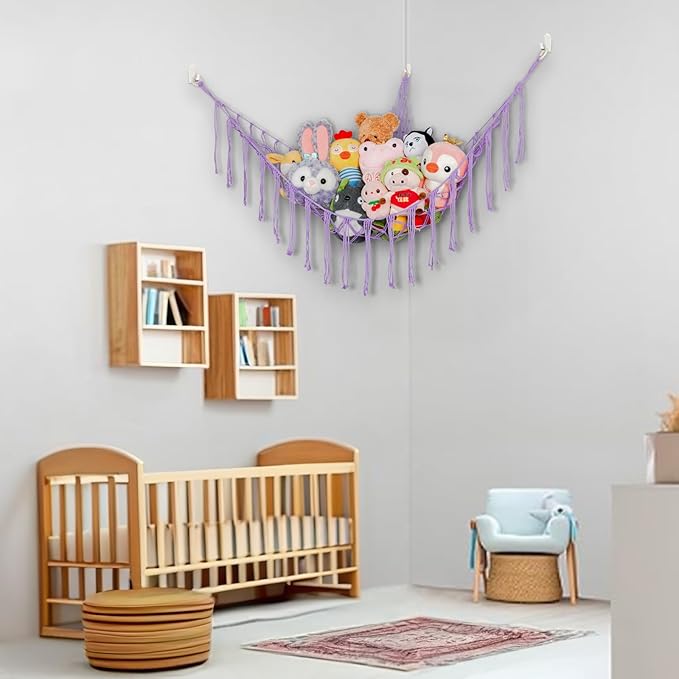 Boho Stuffed Animals Net or Hammock Large,55 inch Toy Hammock Macrame Stuff Animal Storage Corner Hanging Net Holder,Mesh Hammock Plush Toy Organizer with Hooks for Bedroom,Nursery (Purple)