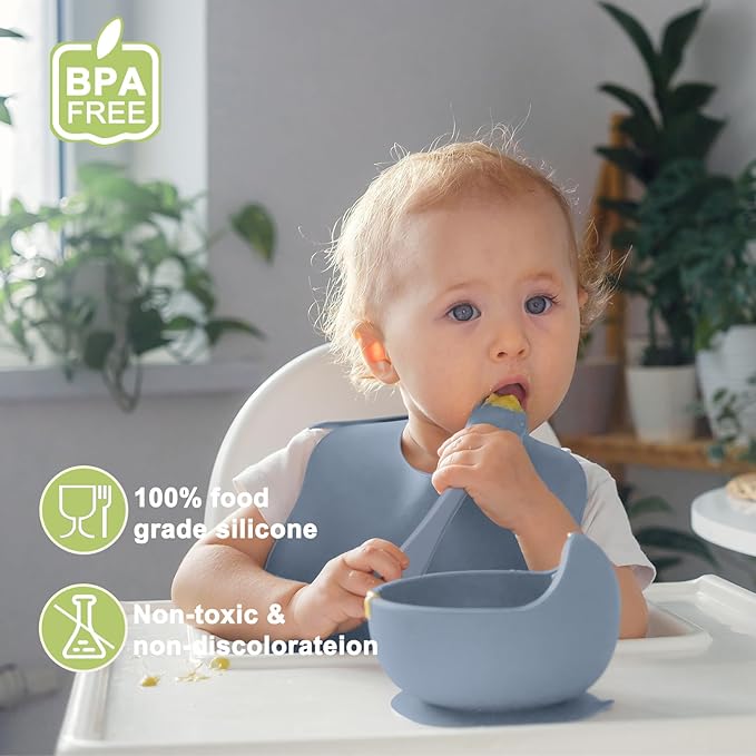 Silicone Baby Feeding Set | Baby Led Weaning Supplies Includes Suction Bowls and Divided Plates, Adjustable Bib, Baby Utensils Spoons and Forks,Cup | Baby Feeding Essentials (Blue Gray)