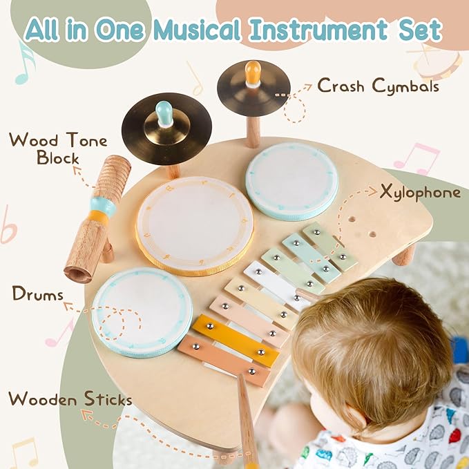 Kids Drum Set, Montessori Musical Instruments for Toddlers 1-3, Wooden Musical Toys for Baby 12-18 Months, Preschool Educational Xylophone Drum Kit, Birthday Gift for Boys Girls Ages 3+