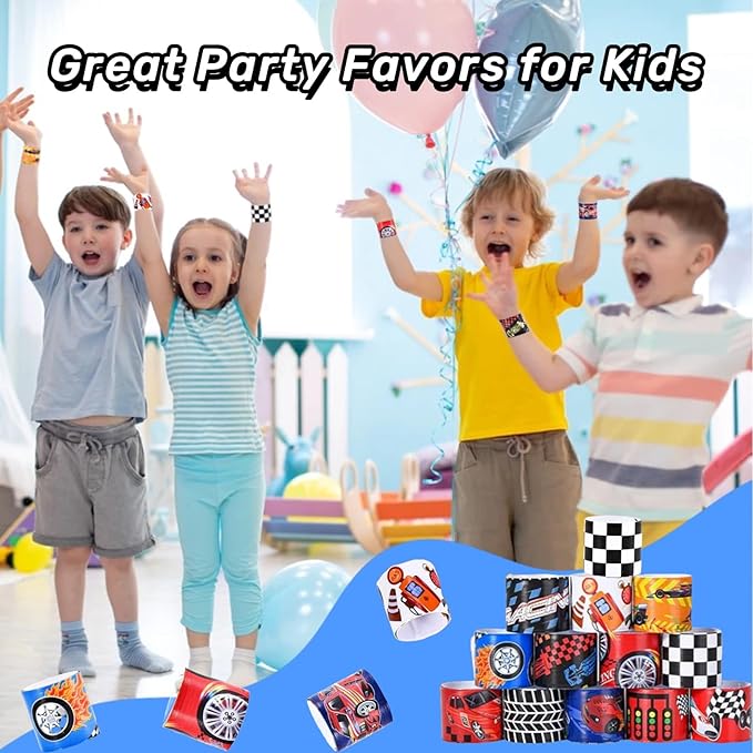 60pcs Hot Car Party Favors for Kids Bulk Slap Bracelets with Race Cars Theme Snap Bracelet for Kids, Goodie Bags Stuffers for Birthday Party, Treasure Box Toys for Classroom Prizes