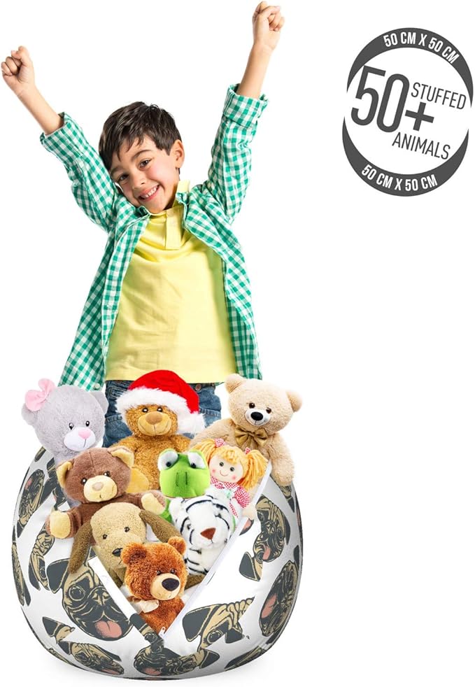 Ambesonne Pug Storage Toy Bag Chair, Cheerful Playful Animals Dog Heads with Tongues Out and Grunge Effect, Stuffed Animal Organizer Washable Bag, Small Size, Charcoal Grey