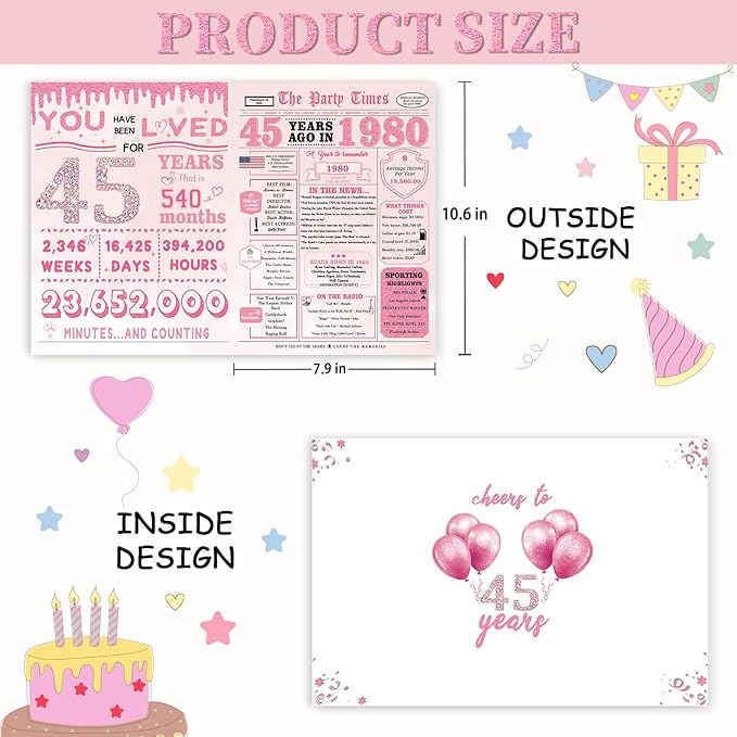 45th Birthday Gifts for Women，45th Birthday Decorations for Women，45 Bday Card，45 Year Old Bday Gifts for Mom Wife Sister Family Friends Bestie Coworker
