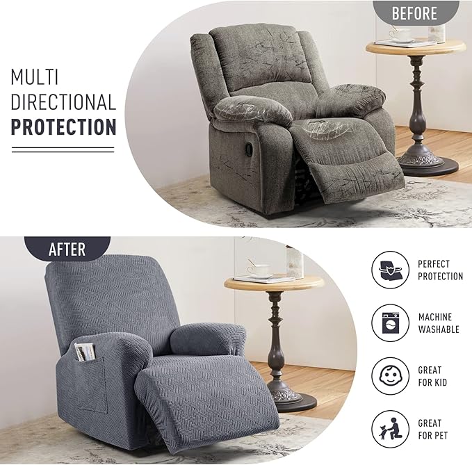 KinCam Recliner Covers, Stretch Reclining Chair Covers, Recliner Sofa Slipcovers Stripe Jacquard Recliner Couch Covers Furniture Protector Covers for Pet Kid (1 Seater, Dark Gray)