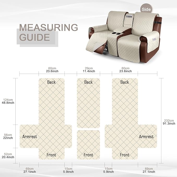 KinCam 100% Waterproof Loveseat Recliner Cover with Console, Non-Slip Reclining Couch Covers for 2 Seat, Recliner Couch Cover Furniture Protector with Elastic Straps for Kids, Pets, Ivory