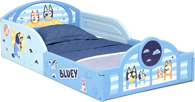 Delta Children - Bluey 4-Piece Toddler Room-in-a-Box Set – Includes Sleep and Play Toddler Bed, Table, 1 Chair and Fabric Toy Box, Blue