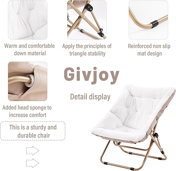 Comfy Saucer Chair with Ottoman, Oversized Folding Faux Fur Chair Soft Furry Lounge Lazy Chair with Metal Frame Moon Chair Accent Chair for Bedroom, Living Room, Dorm Rooms