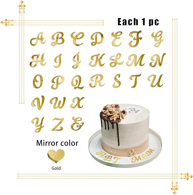 Acrylic Alphabet Cake Topper DIY Personalized Name Cupcake Toppers with A-Z Letter Mirrored Gold Picks for Custom Wedding Cake Decorations Baby Shower Happy Birthday Party Supplies (Uppercase)