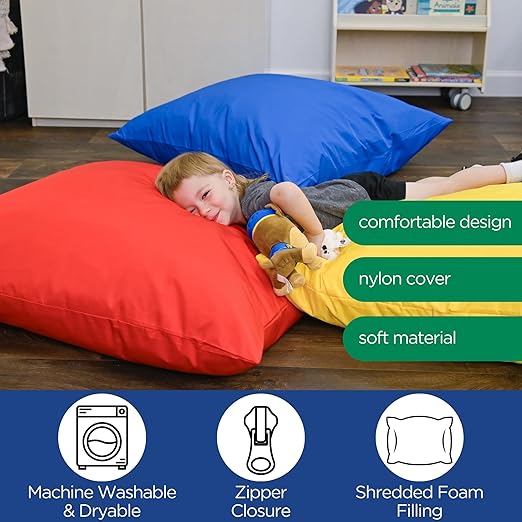 Children's Factory, CF650-507, 27" Cozy Floor Pillows, Set 4, Primary, Flexible Seating Classroom Furniture, Daycare or Preschool Kids Reading Nook