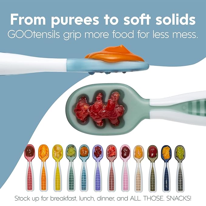 NumNum Baby Spoons Set, Pre-Spoon GOOtensils for Kids Aged 6+ Months - First Stage, Baby Led Weaning (BLW) Spoon - Self Feeding, Silicone Toddler Food Utensils - 2 Spoons, Blue/Green