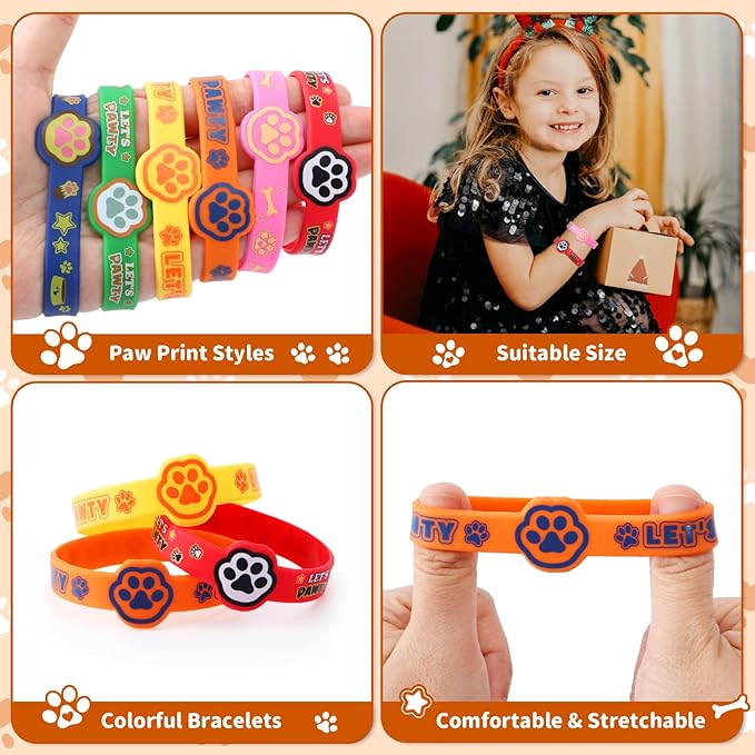 24 Dog Paw Party Favors Birthday Supplies for Kids Paw Print Silicone Wristbands Bulk Toy Gift Goodie Bag Stuffer Class Prize Filler Christmas Easter Dog Themed Party Favors