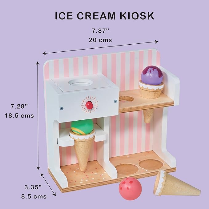 Mentari Toys - Ice Cream Kiosk - 7pc Wooden Play Shop with Cornets & Scoops - Press & Drop Feature - Pretend Play Toy for Toddlers - Encourages Creativity, Fine Motor Skills & Social Play - Age 3+