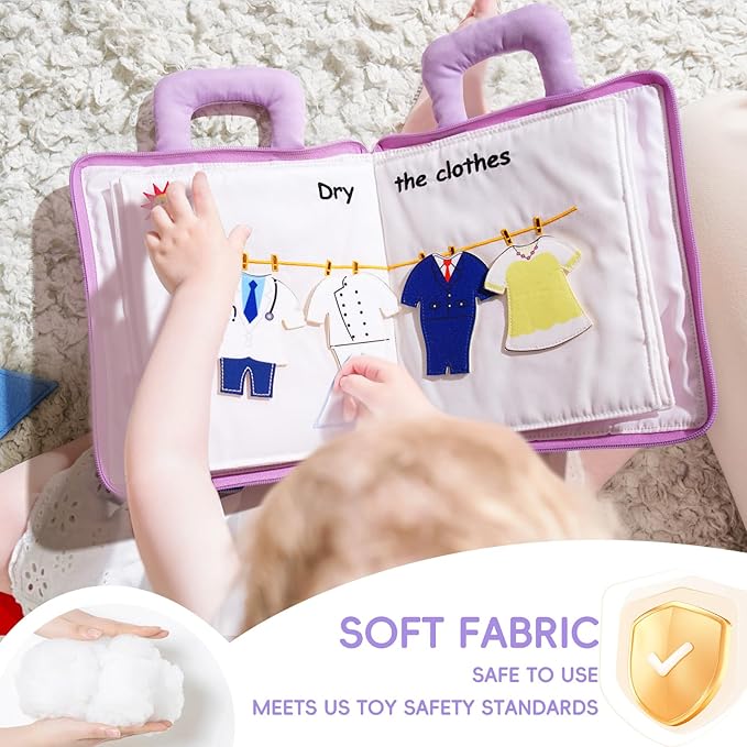 Jollybaby Quiet Book for Kids, Toddler Travel Toys Felt Busy Book Preschool Learning Montessori Toddler Quiet Book 10 Page Activity Book for 2 3 4 Year Old Girls(Purple)