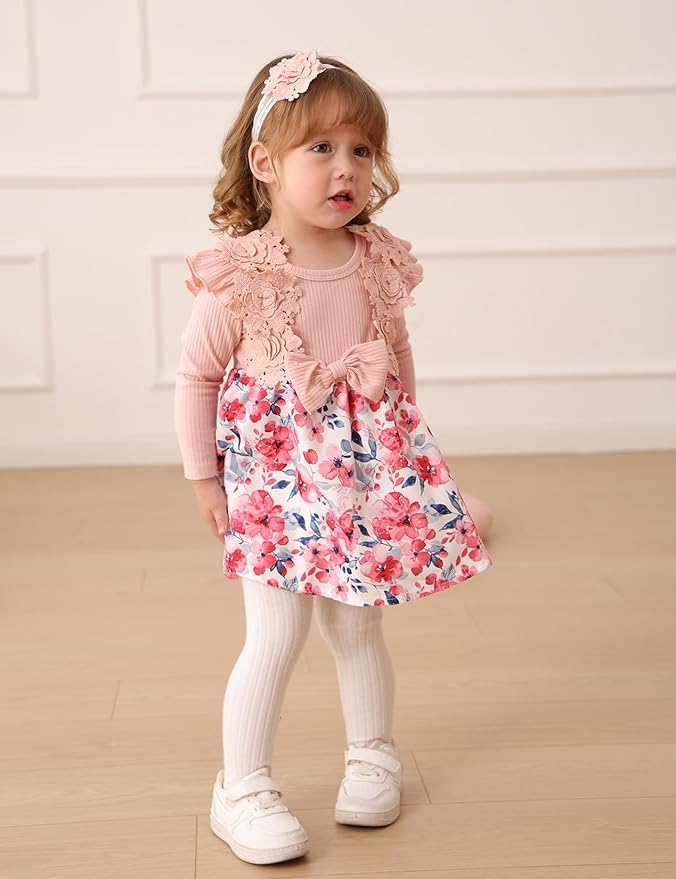 Baby Girl Dress Fall Flower Ruffle with Lace Headband Toddler Girls 3M-3T Infant Dresses Winter Baby Girl Clothes