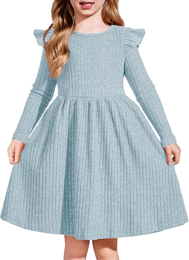 Arshiner Toddler Girl Dress Baby Girls Knitted Ruffle Sleeve Pocket Dresses A-Line Flared Fall Winter Clothes for 2-8 Years