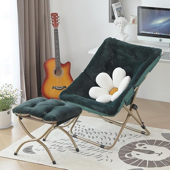 Comfy Saucer Chair with Ottoman, Oversized Folding Faux Fur Chair Soft Furry Lounge Lazy Chair with Metal Frame Moon Chair Accent Chair for Bedroom, Living Room, Dorm Rooms
