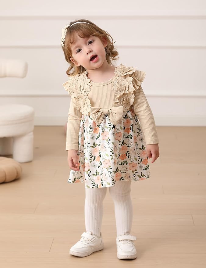 Baby Girl Dress Fall Flower Ruffle with Lace Headband Toddler Girls 3M-3T Infant Dresses Winter Baby Girl Clothes