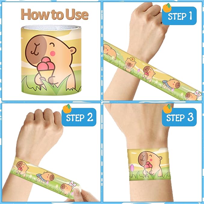 48 PCS Capybara Slap Bracelets Birthday Party Favors and Goodie Bag Fillers for kids Fun Capybara Wristbands for Party Decorations and Supplies