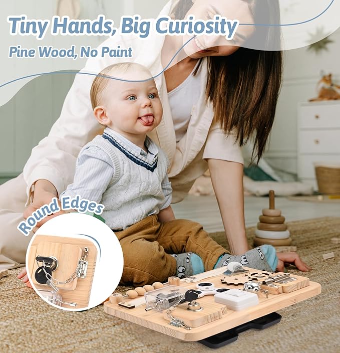 Montessori Wooden Busy Board - Sensory Toys for Toddlers Fine Motor Skills - Activity Board Toys for Kids - Educational Fidget Travel Toys for Baby Boy & Girl - Birthday Gifts for Autism & ADHD