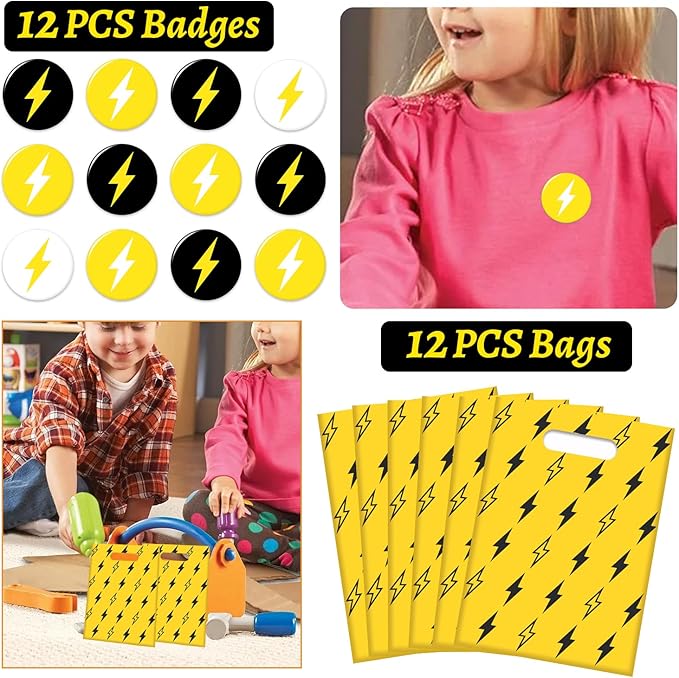 60 PCS Lightning Bolt Party Favors Temporary Tattoos, Silicone Bracelets, Badges, Keychains, Goodie Bags for Flash Lightning Bolt Birthday Decorations, Gifts for Kids