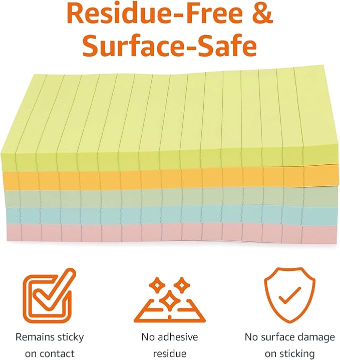 Amazon Basics Sticky Note Pads, Lined, 4x6, Rectangular, Assorted Colors, Pack of 5