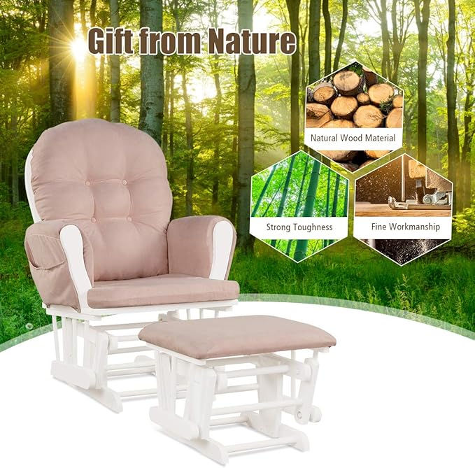 Costzon Nursery Glider with Ottoman, Upholstered Comfort Glider Rocker with Padded Cushion, Storage Pocket, Solid Wood Base, Rocking Chair Nursery for Breastfeeding, Maternity, Napping (Pink)