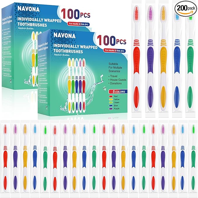 Navona 200 PCS Premium Individually Wrapped Bulk Toothbrush Pack, Disposable Toothbrush, Soft Toothbrush for Adult or Kid, Soft Bristle Toothbrush, Ergonomics Handle, Perfect for Travel,Hotel,Donation