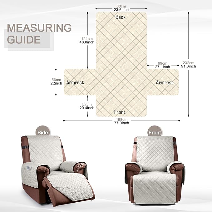 KinCam 100% Waterproof Recliner Chair Cover, Reclining Couch Covers for Pets, Dogs, Recliner Couch Slipcover Furniture Protector with Elastic Straps for Kids(23.6", Beige White)