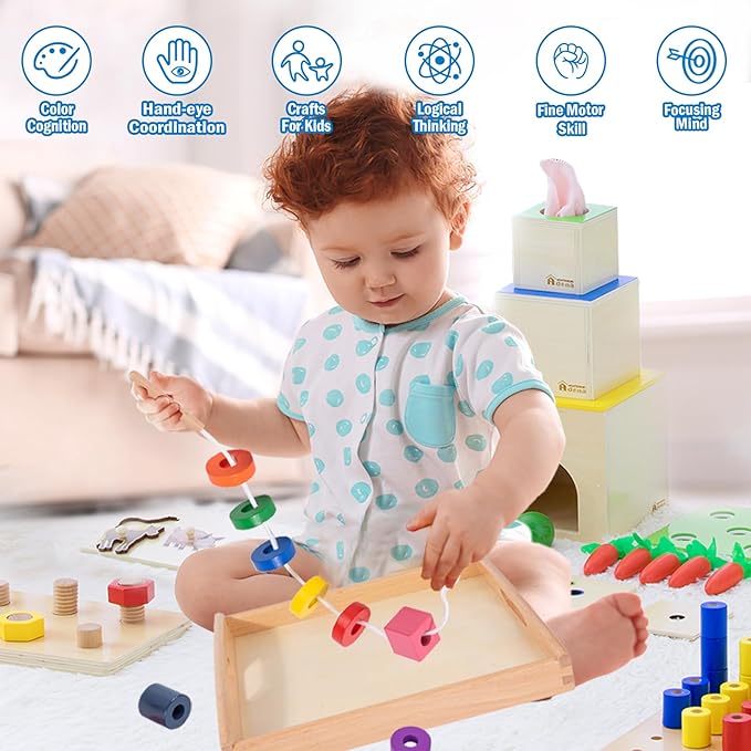 Adena Montessori Play Kit for 16-18 Months Baby,6 in 1 Learning Educational Toys for Toddler,Include 7-in-1 Play Set,Farm Animal Puzzle,Stacking Pegboard and more,Christmas Birthday Gift for Boys Girl