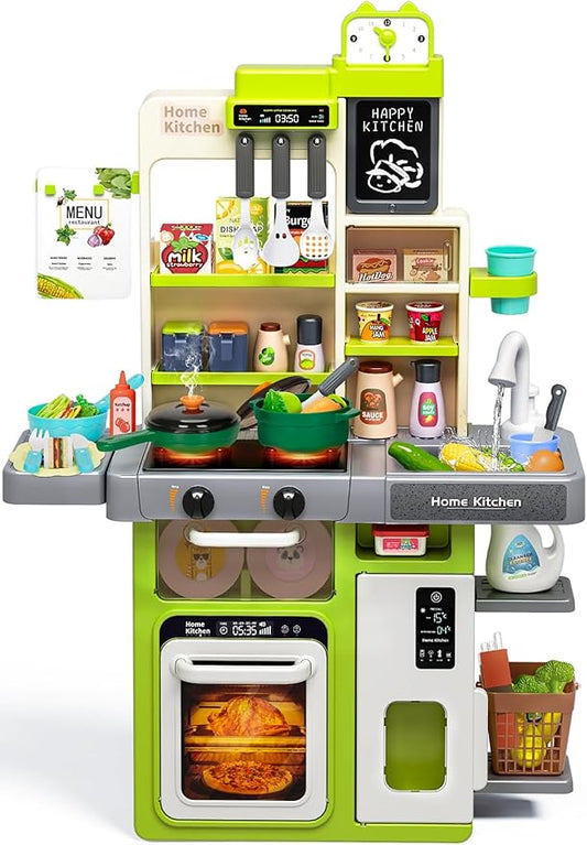 Kids Play Kitchen Set, Toddler Kitchen Playset with Sound & Light, Cooking Stove with Steam, Play Sink, Play Food Toy and Kitchen Accessories, Pretend Kitchen Toy for Kids Girls Boys 1-3