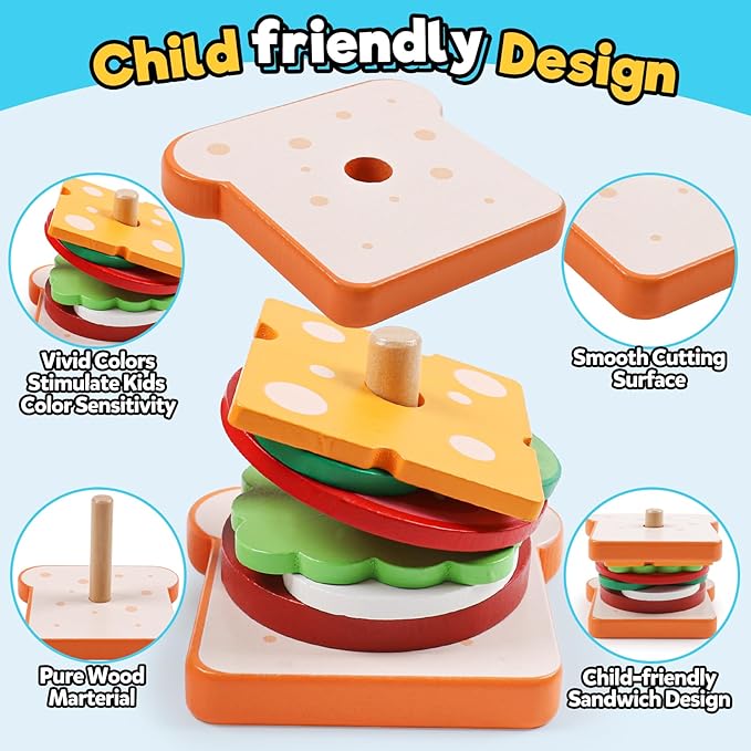 kizh Wooden Sandwich Sorting Stacking Toys Play Food Set for Toddlers Preschool Educational Montessori Toys Fine Motor Toys for Kids Boys Girls