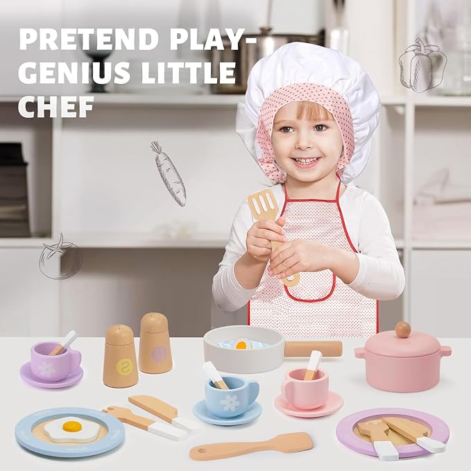 30 PCS Wooden Toy Plates and Dishes for Kids, Play Kitchen Accessories Set, Pretend Play Food Sets for Children Kitchen, Montessori Toys for Girls and Boys