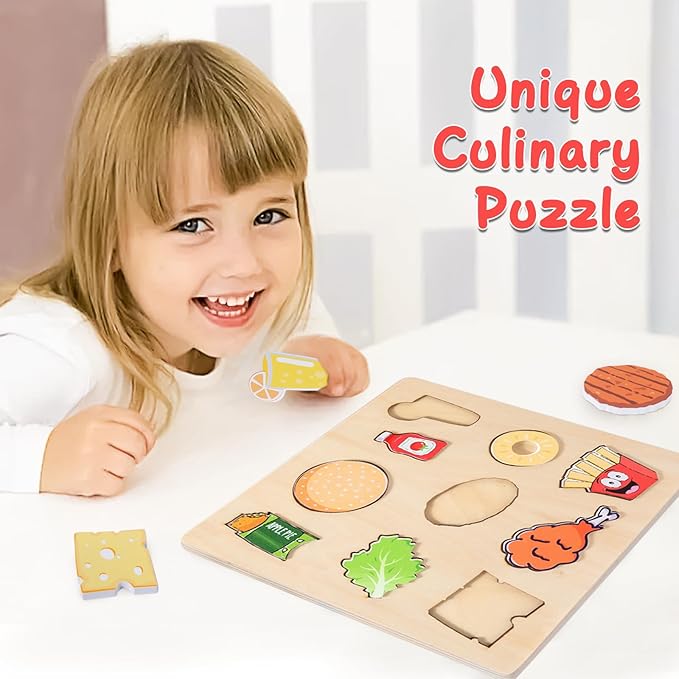 Adena Montessori Wooden Puzzles Play Fake Kitchen Fast Food Toys for Kids 2 3 4 Years Old