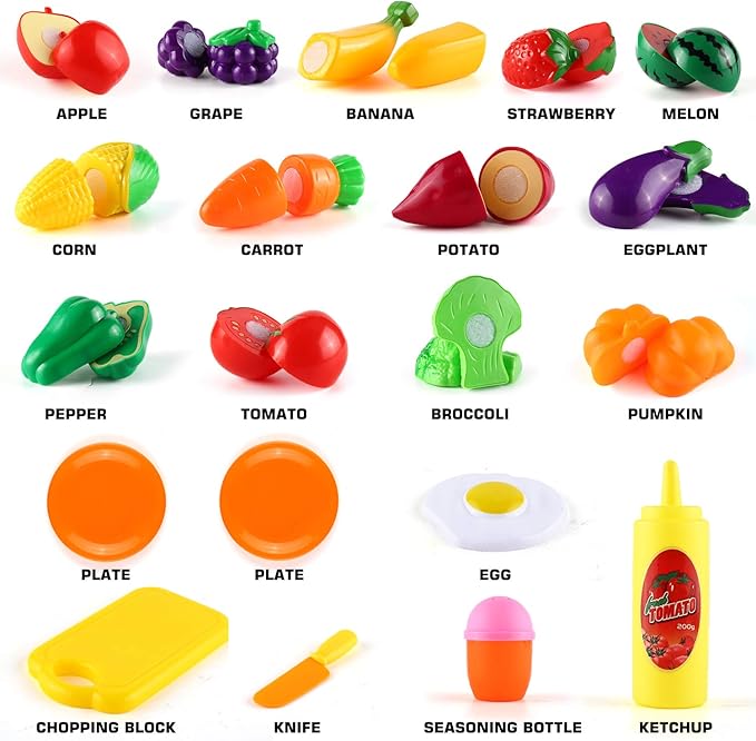 35 Pcs Kitchen Pretend Play Accessories Toys,Cooking Set with Stainless Steel Cookware Pots and Pans Set,Cooking Utensils,Apron,Chef Hat,and Cutting Play Food for Kids,Educational Learning Tool