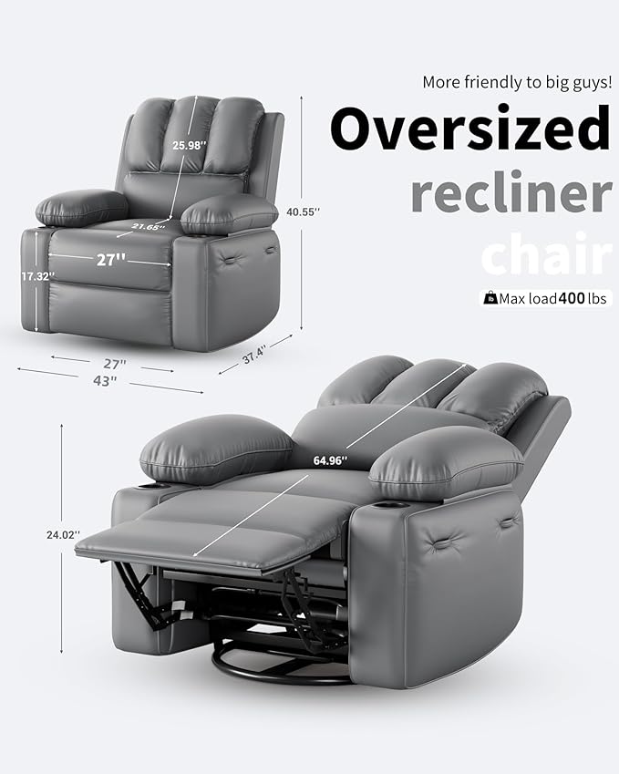 27'' Leather Recliner Chair Oversized, Overstuffed Manual Recliner Chair, Single Sofa for Adults, with Cup Holder and Side Pockets, for Living Rooms, Max Weight 400 lbs, Gray