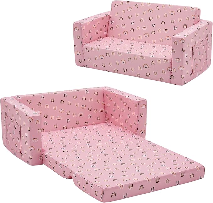 Ulax furniture Kids Sofa Chair Children FILP-Out Chair 2-in-1 Convertible Sofa to Sleeper Couch (Pink Rainbow)