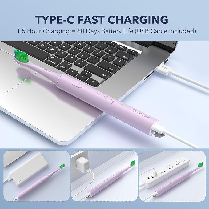 ARISSON Sonic Electric Toothbrush for Adults and Kids, 40,000 VPM Power Toothbrush, 1.5H Fast Charge Ultrasonic Electric Toothbrushes with 2 Minutes Smart Timer, Cotton Candy