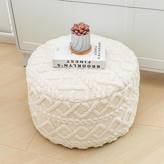 Pouf Ottoman Stuffed 20x20x12 Inches Floor Pouf Plush Fiber Ottoman Foot Rest Under Desk Foot Stool for Living Room Bedroom (Cream)