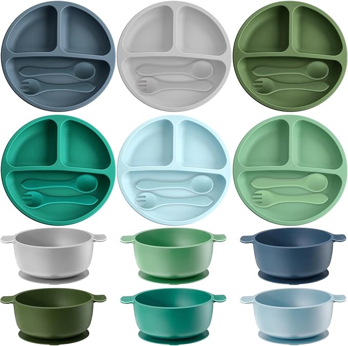 Dandat 24 Pcs Silicone Baby Feeding Set,6 Baby Toddler Suction Bowls 6 Divided Suction Plates with 6 Forks 6 Spoons, Utensils Set for Weaning Infant Feeding and Eating, 6 Styles(Vivid Color)