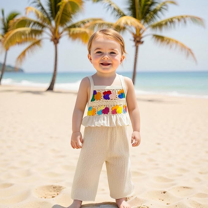6M-5T Little Girl Clothes Boho Outfit Straps Hearts Shirts Cami Tank Tops Wide Leg Pants Baby Girl Summer Clothes