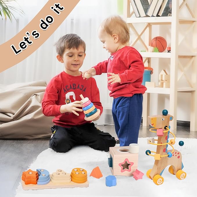 4-in-1 Wooden Montessori Toys for 3+ Year Old - Educational Sensory Toys for Toddlers Aged 3+, Baby Learning Toys for Boys and Girls, Christmas Birthday Gifts