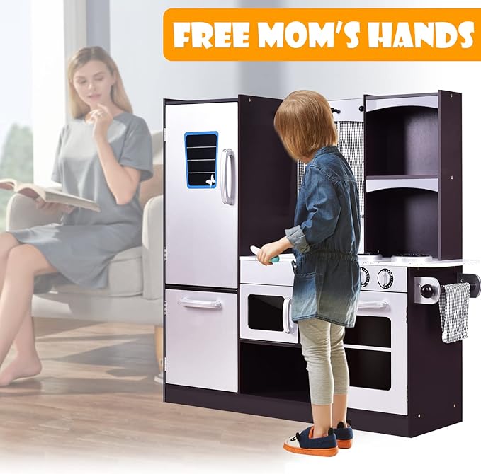 ARLIME Kids Kitchen Playset, Wooden Toy Toddler Kitchen w/Sink, Stovetop, Microwave, Refrigerator, Large Cabinets, Pretend Play Kitchen for Boys Girls