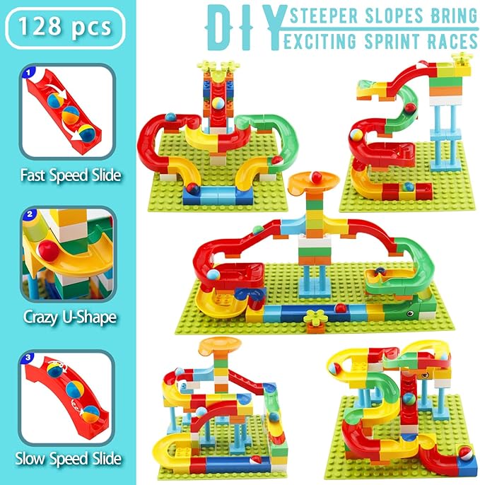 2-in-1 Kids Toys for 2 3 4 5 6 7 + Year Old Boys Girls Toddlers Upgrade Classic Big Bricks Marble Run Building Blocks, Toss Ring Games Compatible with All Major Brands for Christmas Birthday