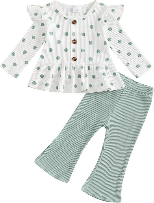 Mubineo Toddler Baby Girl Clothes Cute Ribbed Outfits Knit Long Sleeve Shirt Tops Bell Bottom Pant Fall Winter Outfit