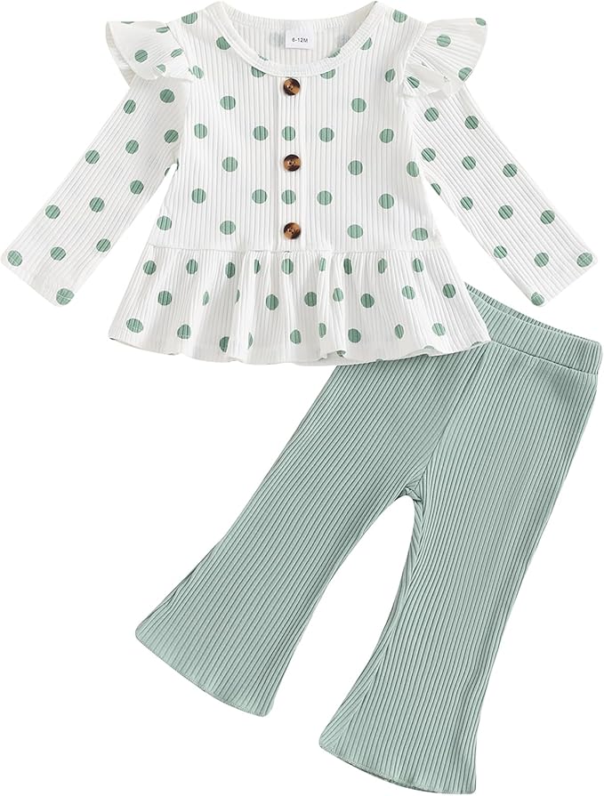 Mubineo Toddler Baby Girl Clothes Cute Ribbed Outfits Knit Long Sleeve Shirt Tops Bell Bottom Pant Fall Winter Outfit