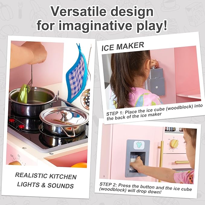 Kids Play Kitchen for Chef Pretend Kitchen Playset with Real Lights and Sounds and 14 Pcs Toy Kitchen Accessories, Wooden Toddler Pink Play Kitchen Set for Girls Ages 3+