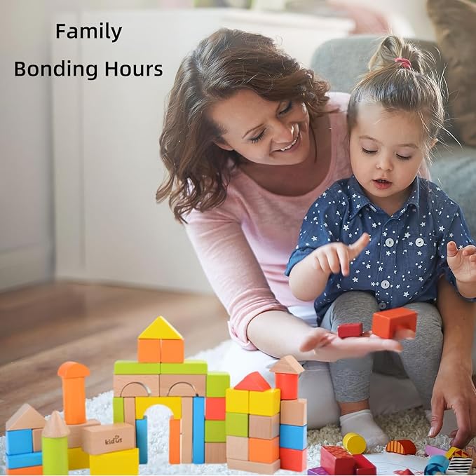 80pcs Wooden Building Blocks Set for Toddlers - Natural & Colorful Stacking Blocks with Carrying Bag - Educational Preschool Montessori Learning Toys - Perfect for Kids Ages 18 Months up