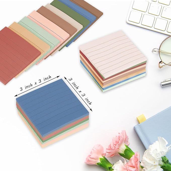 24 Pack Lined Sticky Notes 3x3 in Post Ruled Stickies Super Sticking Power Memo Pads, Vintage Colors Sticky Notes with Lines Self-Stick Note Pads