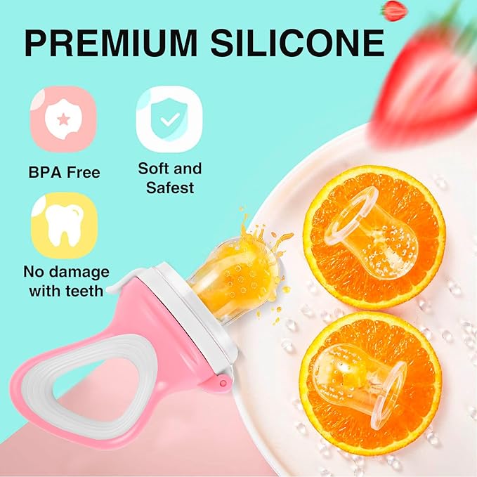 Baby Fruit Feeder with Mini Freezer Tray, Baby Teethers, Breastmilk Popsicle Molds for Baby Teething Relief, Silicone Fresh Food Feeder for Safe Infant Self Feeding (Candy Pink)