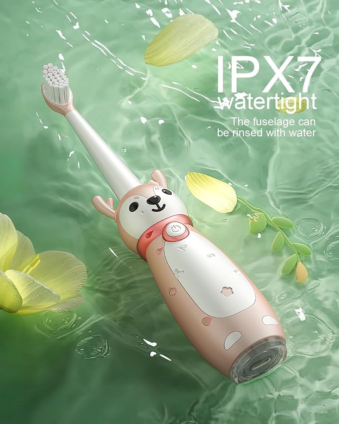 Kids Sonic Electric Toothbrush for Ages 3+, IPX7 Waterproof, 3 Smart Modes with Memory,Includes 4 Replacement Brush Heads, Pink