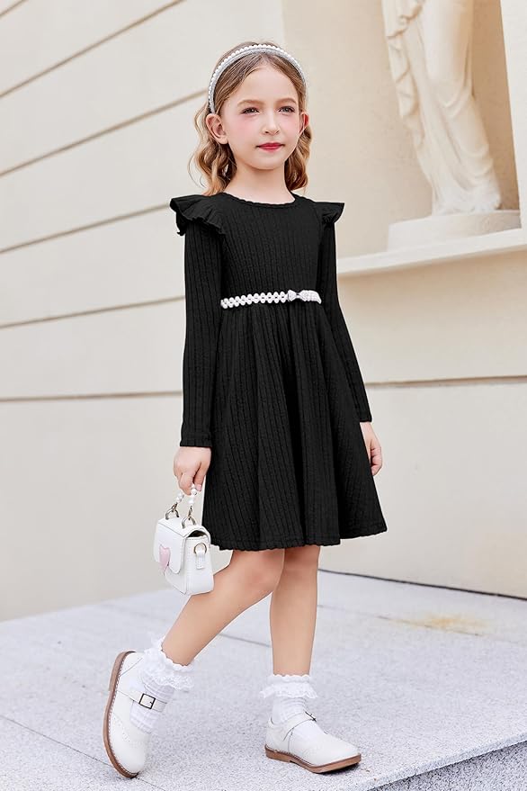 Arshiner Toddler Girl Dress Baby Girls Knitted Ruffle Sleeve Pocket Dresses A-Line Flared Fall Winter Clothes for 2-8 Years